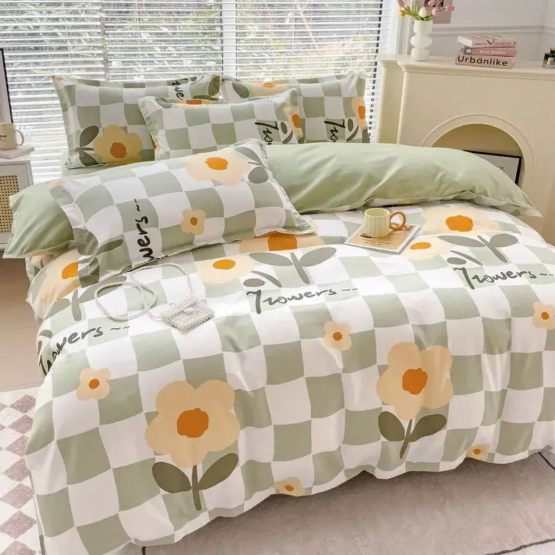 Pastel green and white checkered duvet cover bedding set with yellow floral prints and cozy flower print decorbites cozy flower design