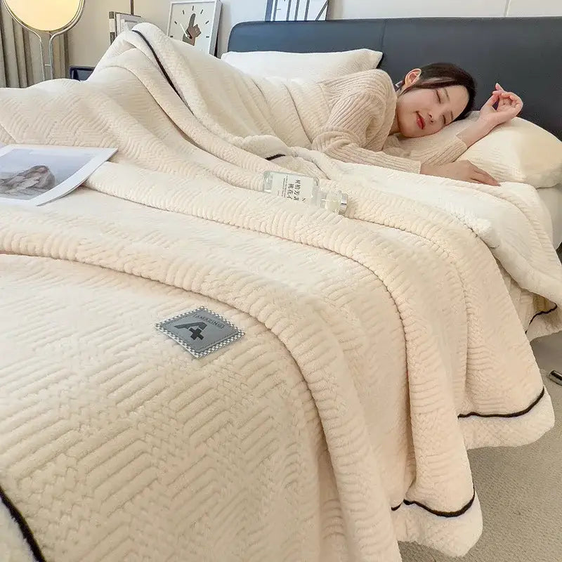 Cream-colored cozy jacquard plush blanket with textured quilted surface and black piping decorbites cozy jacquard throw