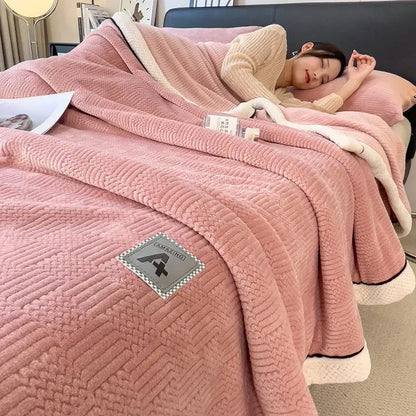 Pink plush cozy jacquard plush blanket with quilted texture and white fleece lining for comfortable decorbites cozy jacquard use