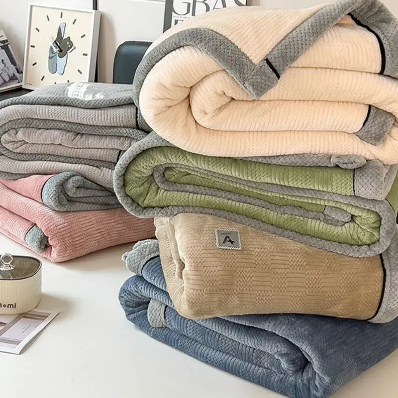 Stack of decorbites cozy jacquard plush blankets in cream and black with textured corduroy edges for bedroom throw decor