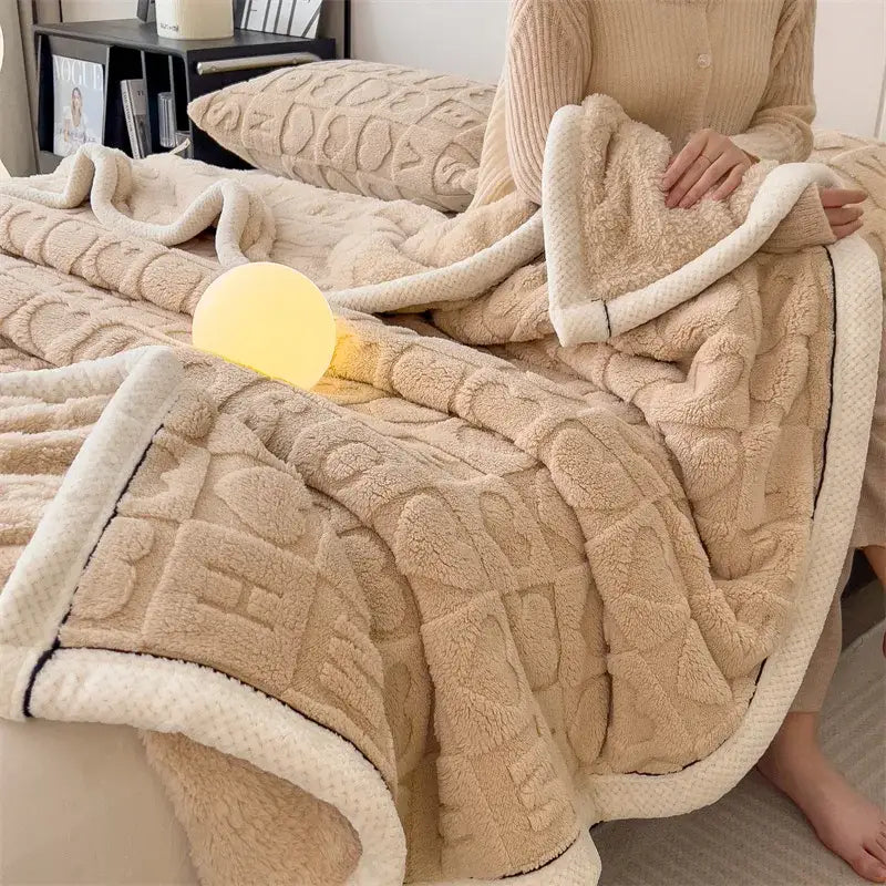 Beige plush cozy jacquard taffeta throw blanket with textured knit and cream fleece lining for flannel nap blanket use