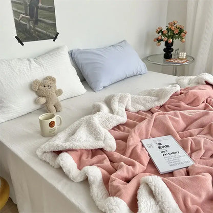 Pink and white plush fleece cozy lamb wool blanket with soft textured surface for bedroom decorbites cozy lamb quilt