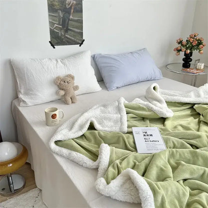 Soft mint green and white cozy lamb wool blanket with plush fleece texture ideal for bedroom decorbites cozy lamb use