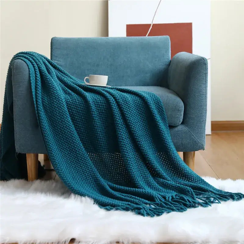 Teal cozy nordic knit textured throw blanket with fringe ideal for living room nordic knit sofa decorbites decor