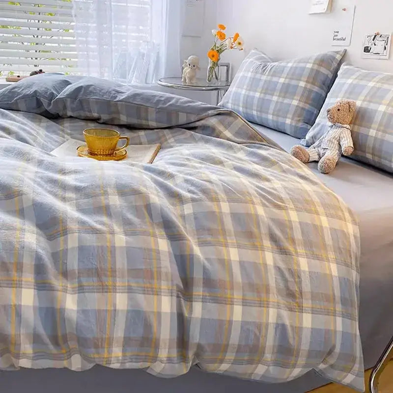 Cozy plaid duvet cover set in soft blue beige and yellow tones with textured fabric for bedroom decorbites cozy plaid bedding