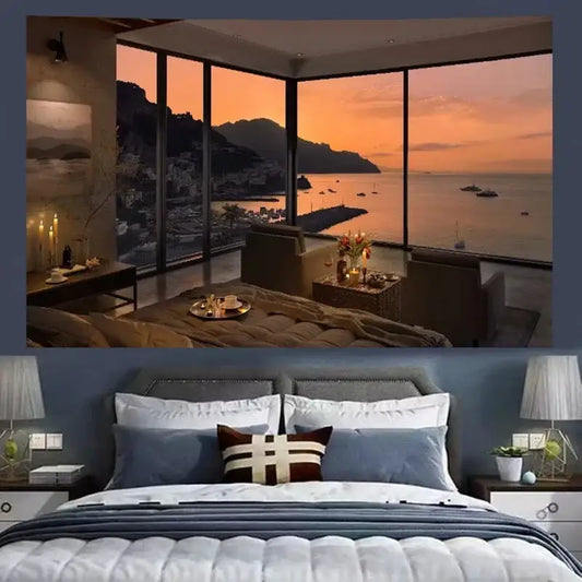 Luxury bedroom with decorbites cozy retro cottage wall tapestry featuring blue and white bedding and striped pillow accents