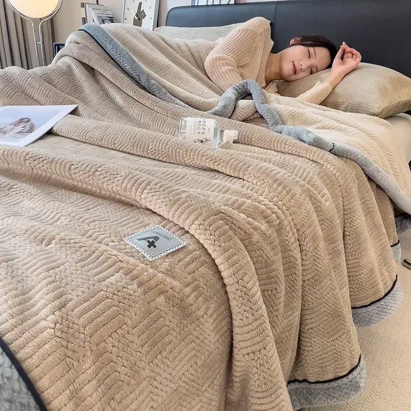 Beige plush throw blanket with gray ribbed trim and branded patch for decorbites cozy striped knitted velvet decor