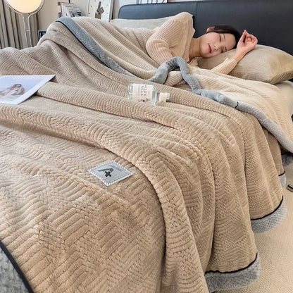 Beige plush throw blanket with gray ribbed trim and branded patch for decorbites cozy striped knitted velvet decor