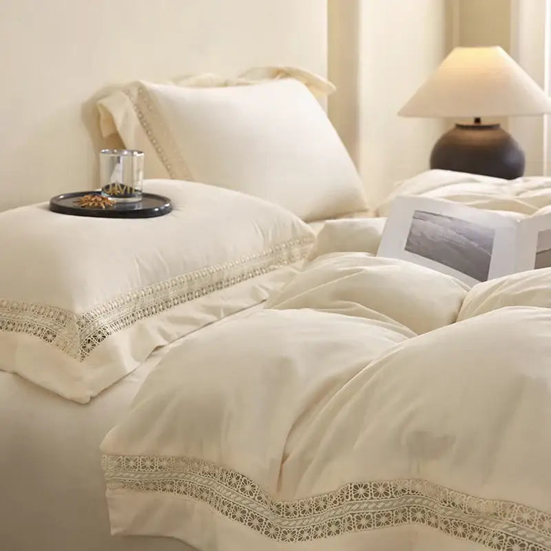 Cream-colored bedding set with delicate lace trim in decorbites cozy velvet lace for elegant bedroom decor
