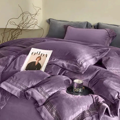 Purple velvet bedding set with delicate lace trim from decorbites cozy velvet lace collection for cream bedroom decor