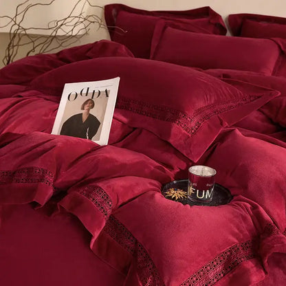 Rich burgundy velvet bedding set with delicate black lace trim cozy velvet lace for elegant decorbites cozy velvet decor