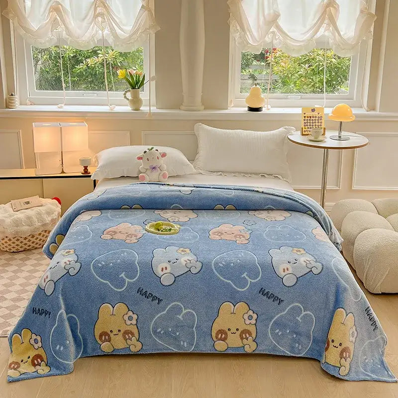Blue plush blanket with cute cartoon bunnies clouds and happy text complements colorful flower patterns decor