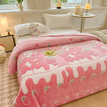 Cozy white fleece blanket with colorful flower patterns and a pink strawberry-themed plush side featuring embroidered characters