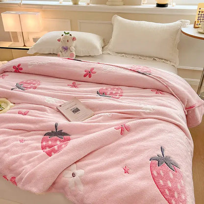 Cozy pink fleece blanket with embroidered strawberries and colorful flower patterns for bedroom decor