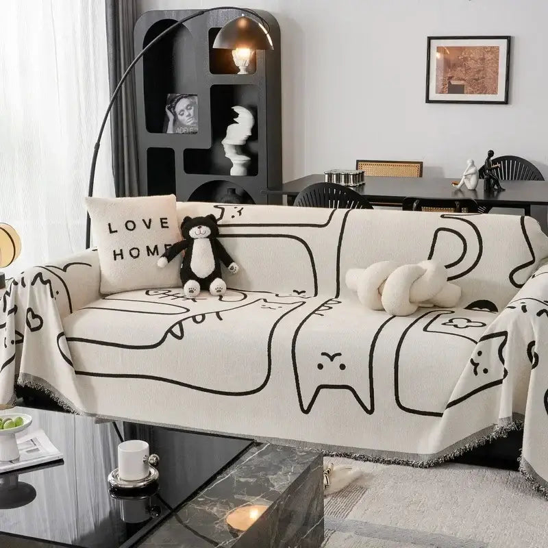Cream and black cat print chenille sofa cover with frayed edges featuring line-drawn cartoon cat patterns