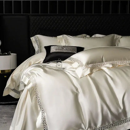 Cream and black egyptian cotton bedding set with decorbites brocade lace trim and matching quilted headboard decor