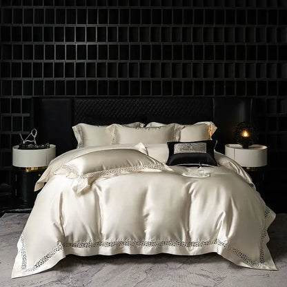 Cream and black egyptian cotton bedding set with cream satin and decorbites brocade lace trim featuring a black pillow
