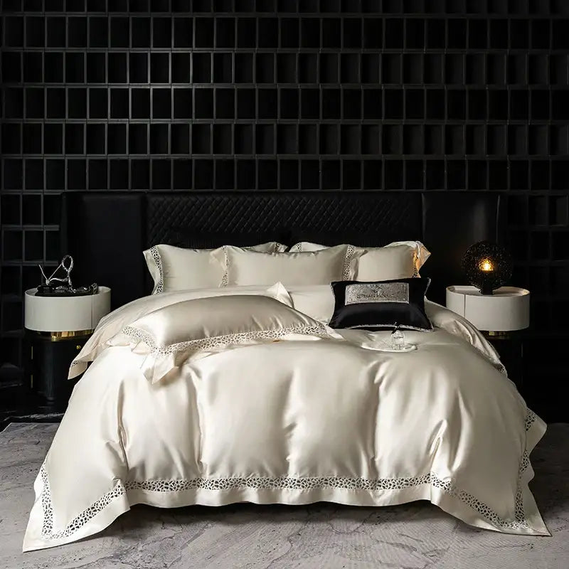 Cream and black egyptian cotton bedding set with cream satin and decorbites brocade lace trim featuring a black pillow