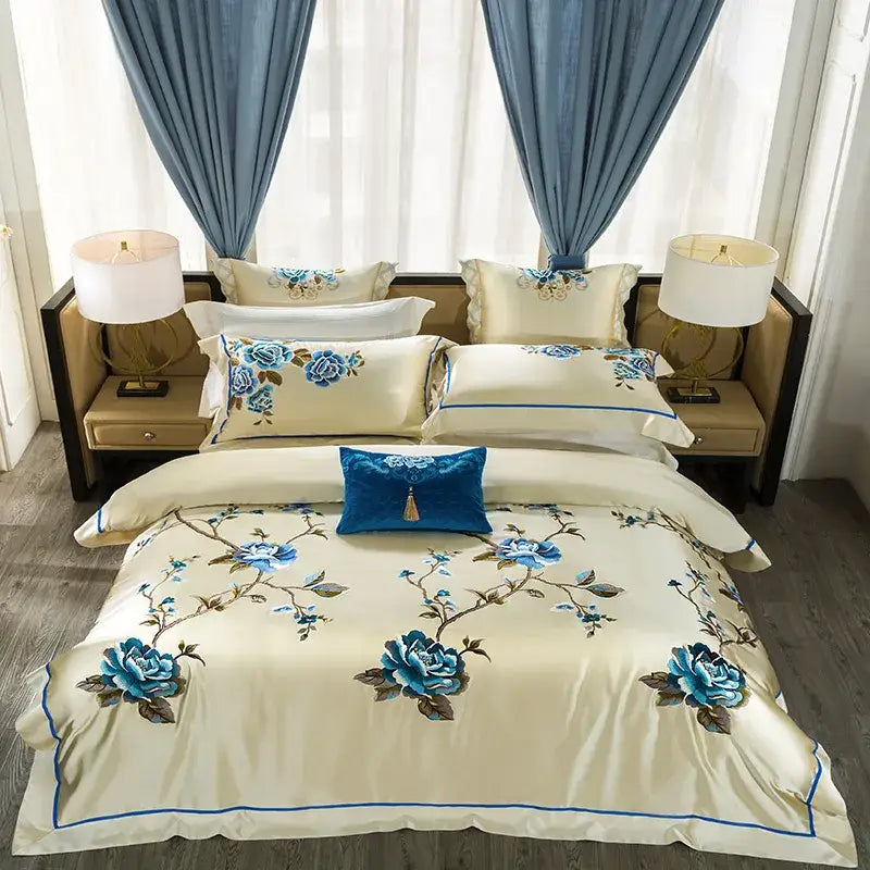 Cream and blue 200s embroidery egyptian cotton bedding set with cream satin and blue floral embroidery and tassel cushion