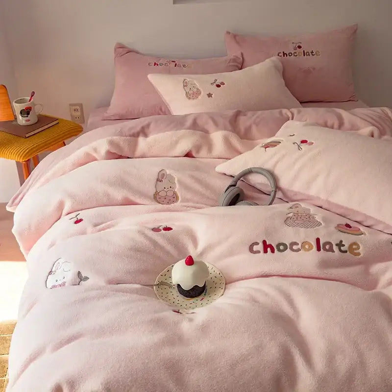 Pink plush bedding set with embroidered chocolate designs in soft cozy cream and brown embroidered imitation cashmere