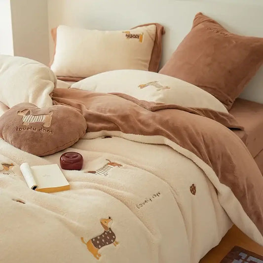 Cream and brown embroidered imitation cashmere bedding set featuring cream plush duvet with dachshund designs and brown pillow