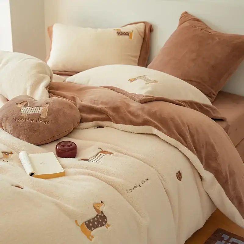 Cream and brown embroidered imitation cashmere bedding set featuring cream plush duvet with dachshund designs and brown pillow
