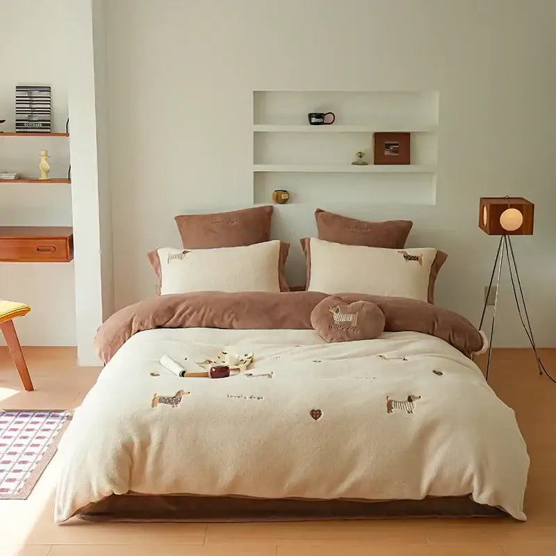 Cream and brown embroidered imitation cashmere bedding set with cream fleece duvet and dachshund patterns