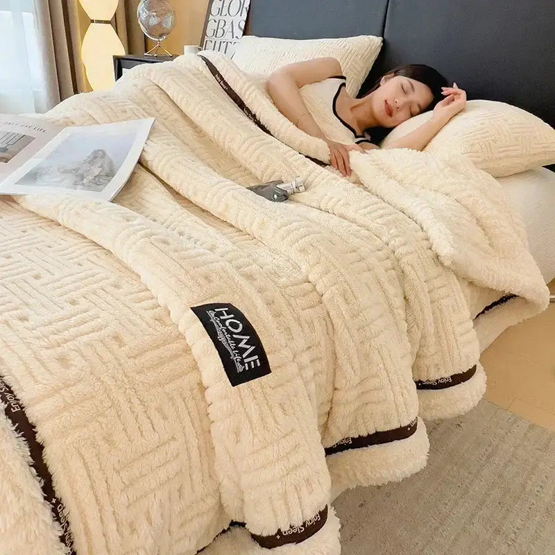 Cream and brown textured decorbites fluffy fleece blanket with plush woven pattern and home brand label for bedroom decor