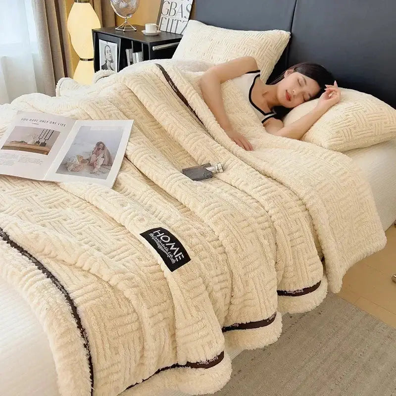 Cream and brown textured fluffy fleece blanket with woven pattern and dark trim by decorbites fluffy fleece decorbites fluffy