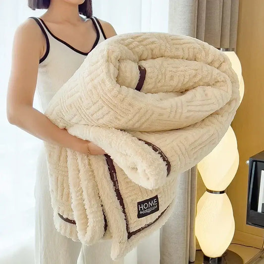 Cream and brown textured fluffy fleece blanket with quilted pattern and brown trim for bedroom decorbites fluffy fleece