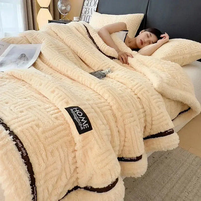 Cream and brown textured fluffy fleece blanket with woven pattern and homme label for cozy bedroom decorbites fluffy fleece