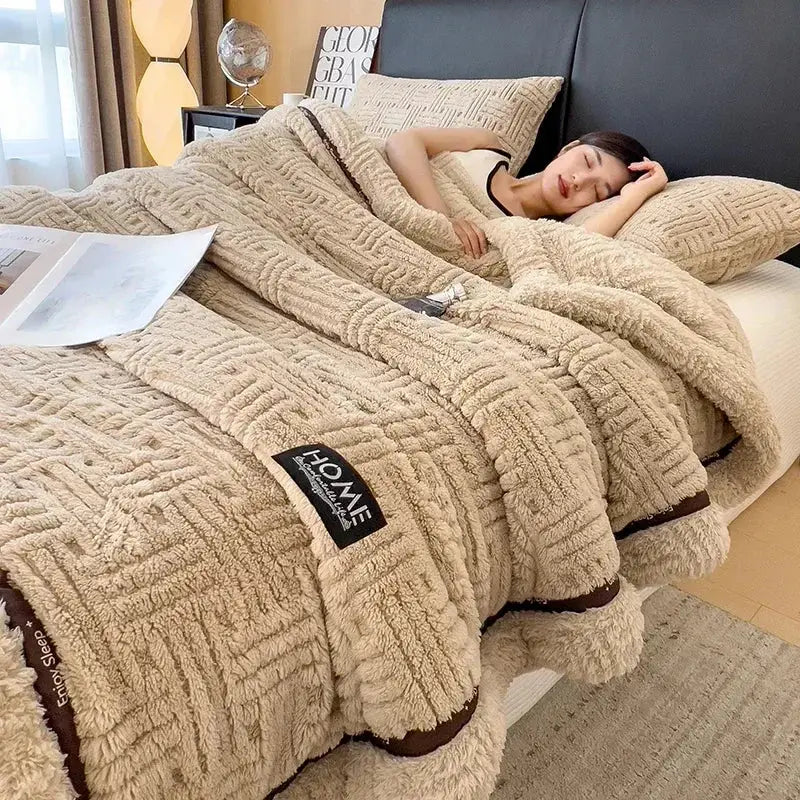 Beige and brown decorbites fluffy fleece blanket with textured woven pattern and black brand label for bedroom decor