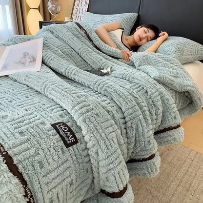 Cream and brown textured fluffy fleece blanket with light blue plush knit and decorbites fluffy fleece brand label