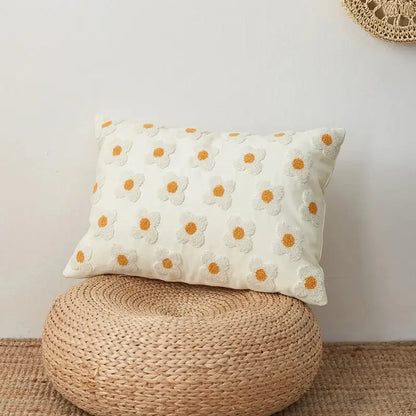 Cream cushion cover with embroidered white daisies and orange centers for living room decor embroidered cushion cover
