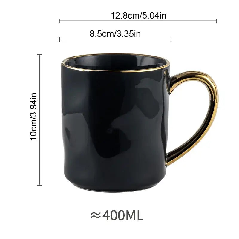 Black ceramic gold rim mug with nordic gold trim and handle 400ml capacity from rim mug set