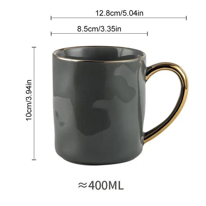 A sleek dark gray ceramic gold rim mug with glossy finish designed for everyday use in a nordic gold rim mug set