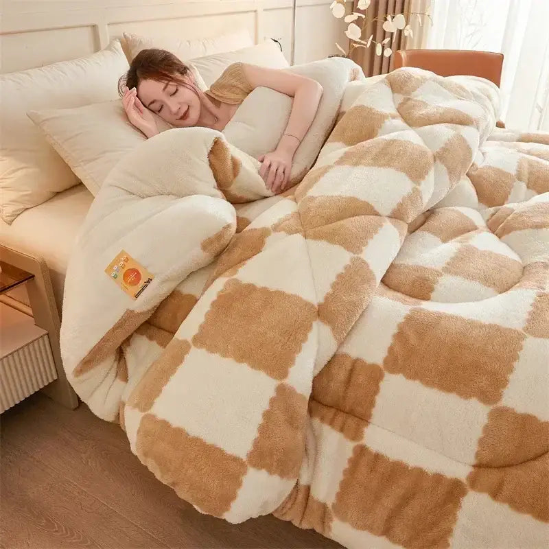 Cream and tan checkered plush quilt weighted blanket with soft, fluffy texture from decorbites cozy checkerboard cashmere collection