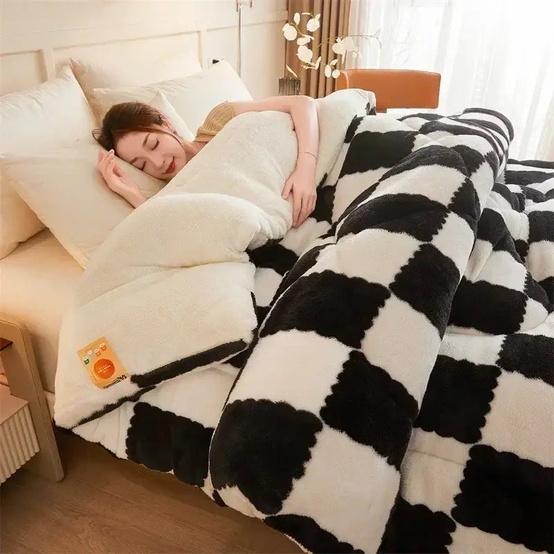 Black and white checkered plush quilt with soft texture as decorbites cozy checkerboard cashmere weighted blanket
