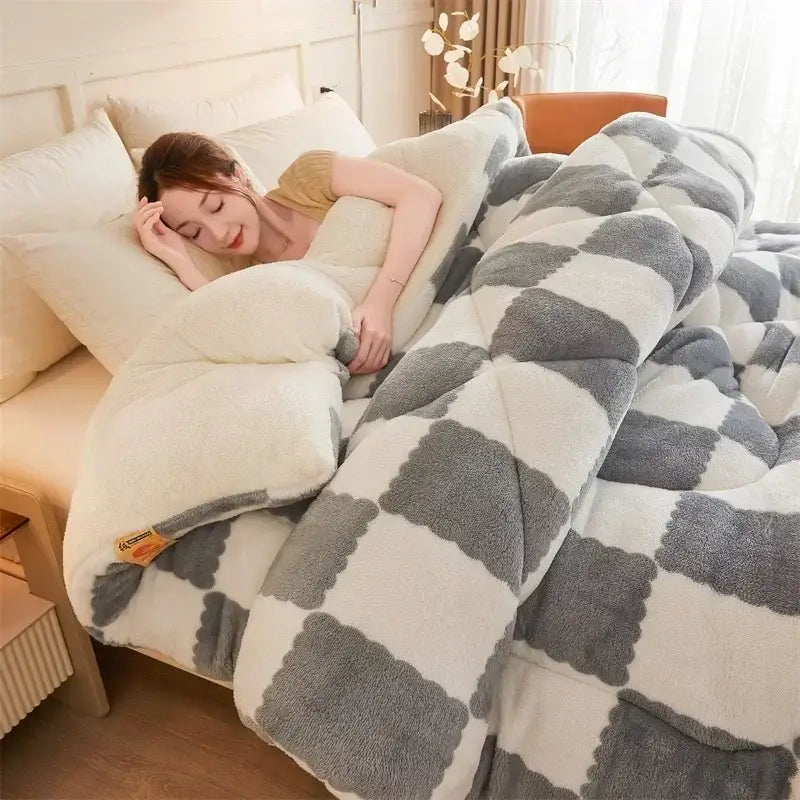 A cream and tan cozy checkerboard cashmere weighted blanket with a soft white and gray checkered pattern