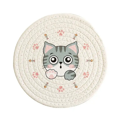 Cream braided rope cat print round coaster heat pad with an off-white woven mat and gray tabby cat decorbites cat print
