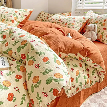 Cream bunny and pink rose cartoon pattern cotton bedding set with cream floral duvet cover featuring orange blossoms and berries