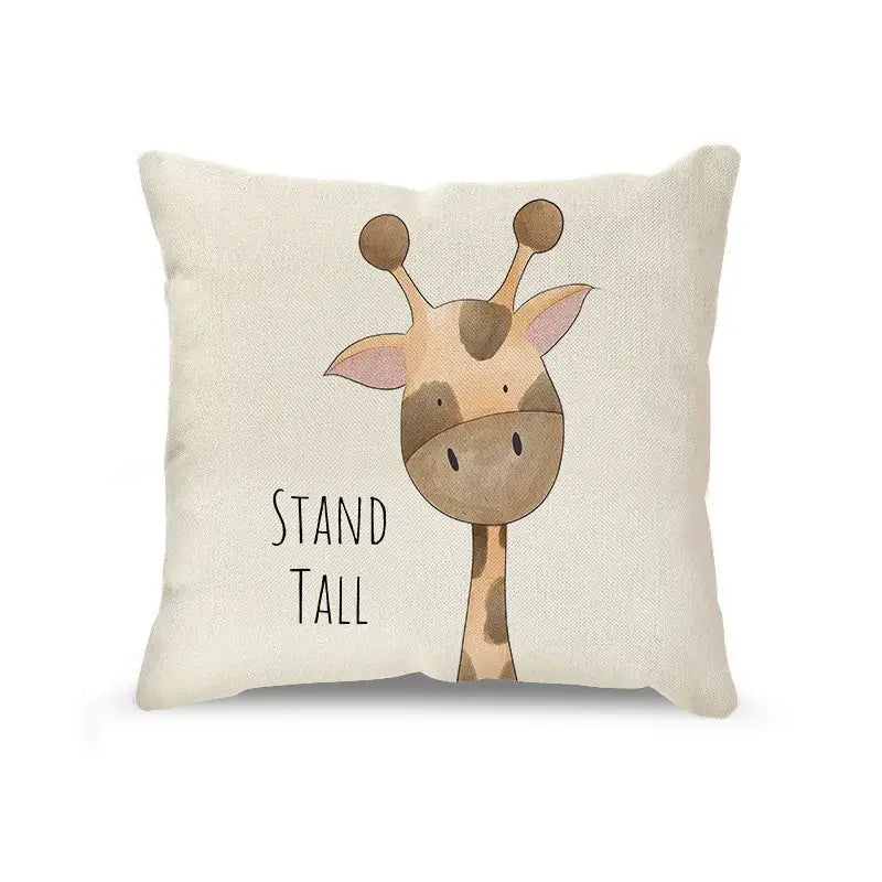Beige linen animal linen pillowcase with cartoon giraffe and stand tall text cream decorbites cartoon animal decor
