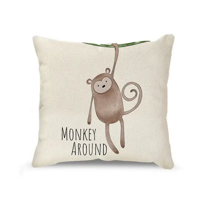 Beige linen throw pillow with a cartoon animal linen design of a brown monkey and decorbites cartoon animal text for living room decor