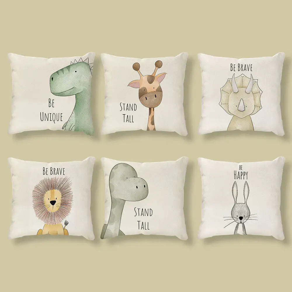 Set of six cream cartoon animal linen pillowcases with cute watercolor dinosaurs and giraffe decorbites cartoon animal designs