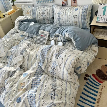 Cute blue and white cartoon pattern printed bedding set with embroidered teddy bears bows and gingham stripes for decorbites bedroom decor
