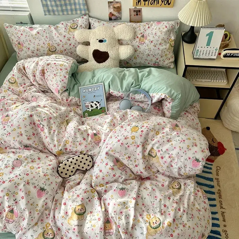 Cream cartoon bear pattern printed bedding set featuring a fluffy white plush dog pillow with blue eyes decorbites cartoon pattern