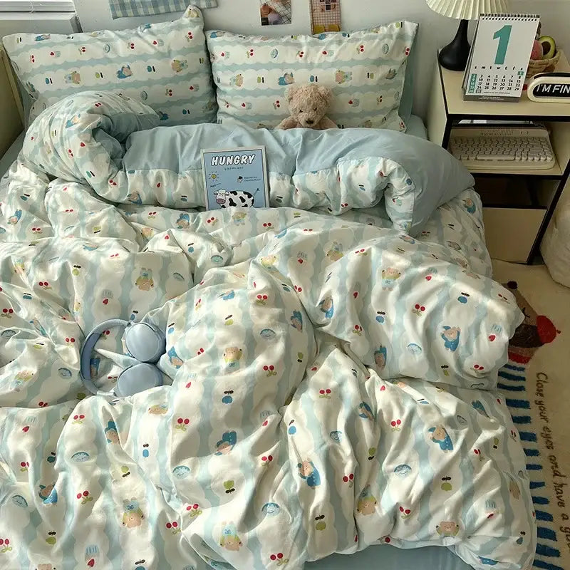 Light blue and white bedding set with cream cartoon bear pattern printed for bedroom decorbites cartoon pattern decor