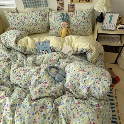 Pastel green floral cotton bedding set with decorbites cartoon pattern printed whimsical mushroom and flower design