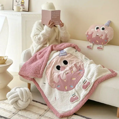 Pink and white cartoon lamb wool blanket with cute donut design ideal for bedroom decorbites cartoon lamb use