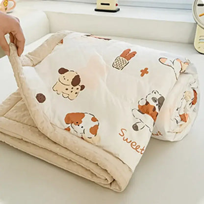 Cream cartoon pattern summer quilt featuring soft cream fabric with decorbites cartoon pattern of dogs and bread baskets